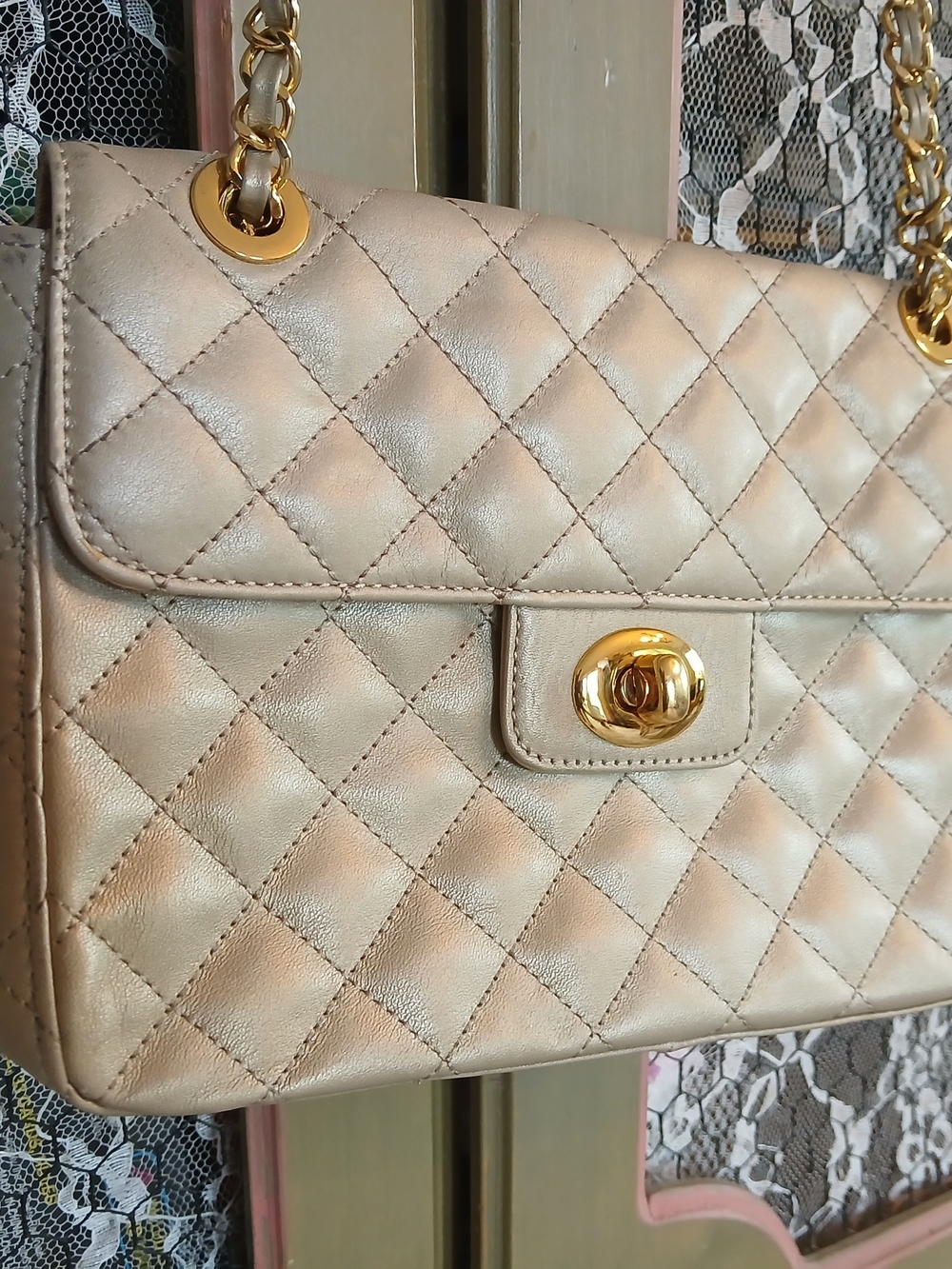 Kate Landry Quilted Champagne Metallic Shoulder Bag with Chain Strap